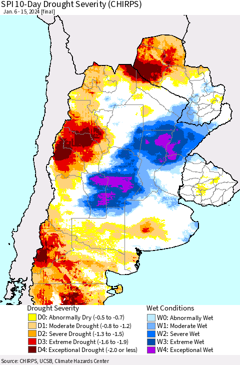 Southern South America SPI 10-Day Drought Severity (CHIRPS) Thematic Map For 1/6/2024 - 1/15/2024