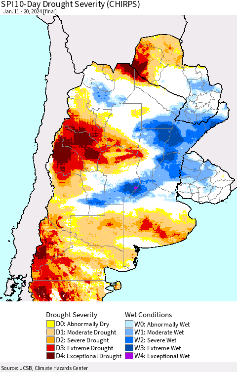 Southern South America SPI 10-Day Drought Severity (CHIRPS) Thematic Map For 1/11/2024 - 1/20/2024