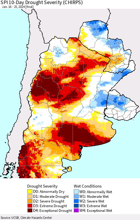 Southern South America SPI 10-Day Drought Severity (CHIRPS) Thematic Map For 1/16/2024 - 1/25/2024