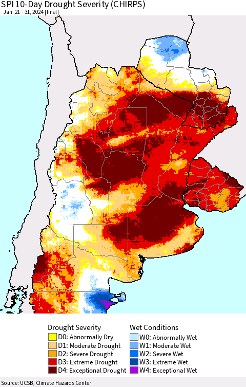 Southern South America SPI 10-Day Drought Severity (CHIRPS) Thematic Map For 1/21/2024 - 1/31/2024