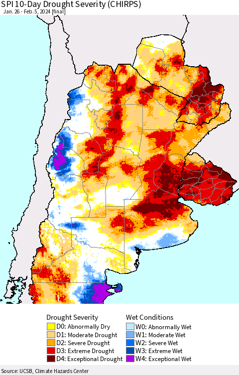 Southern South America SPI 10-Day Drought Severity (CHIRPS) Thematic Map For 1/26/2024 - 2/5/2024