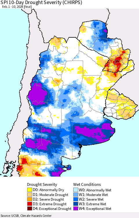 Southern South America SPI 10-Day Drought Severity (CHIRPS) Thematic Map For 2/1/2024 - 2/10/2024