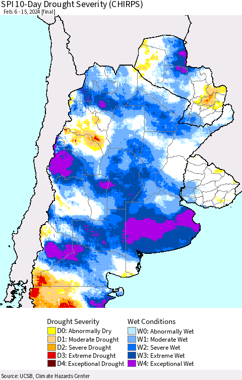 Southern South America SPI 10-Day Drought Severity (CHIRPS) Thematic Map For 2/6/2024 - 2/15/2024