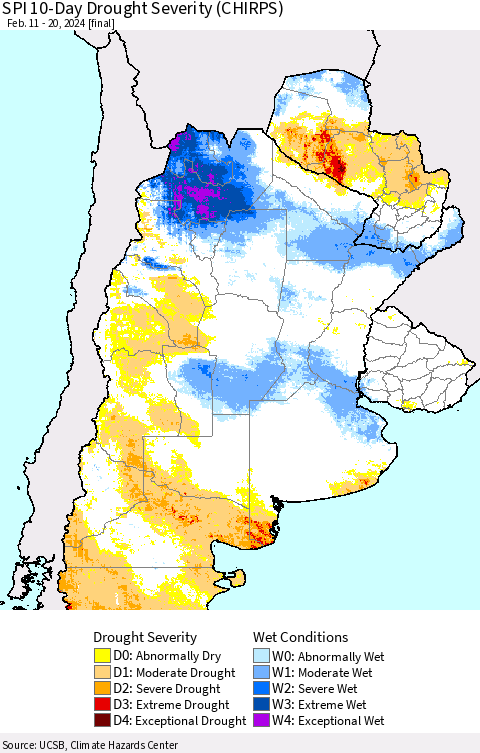 Southern South America SPI 10-Day Drought Severity (CHIRPS) Thematic Map For 2/11/2024 - 2/20/2024