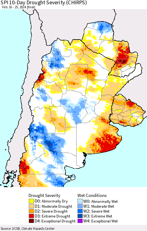 Southern South America SPI 10-Day Drought Severity (CHIRPS) Thematic Map For 2/16/2024 - 2/25/2024