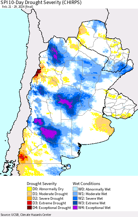 Southern South America SPI 10-Day Drought Severity (CHIRPS) Thematic Map For 2/21/2024 - 2/29/2024