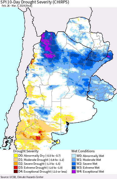 Southern South America SPI 10-Day Drought Severity (CHIRPS) Thematic Map For 2/26/2024 - 3/5/2024