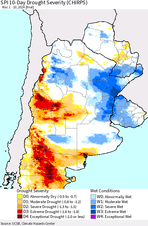Southern South America SPI 10-Day Drought Severity (CHIRPS) Thematic Map For 3/1/2024 - 3/10/2024