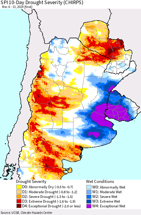 Southern South America SPI 10-Day Drought Severity (CHIRPS) Thematic Map For 3/6/2024 - 3/15/2024