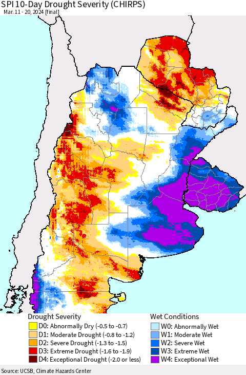 Southern South America SPI 10-Day Drought Severity (CHIRPS) Thematic Map For 3/11/2024 - 3/20/2024