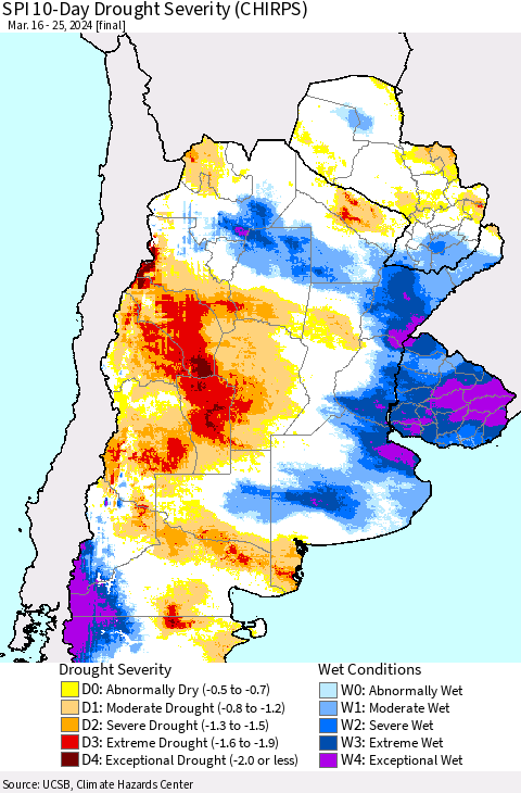 Southern South America SPI 10-Day Drought Severity (CHIRPS) Thematic Map For 3/16/2024 - 3/25/2024