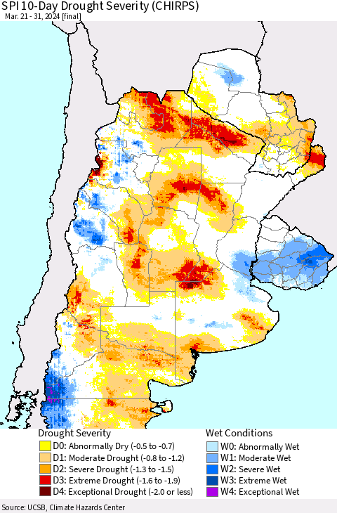 Southern South America SPI 10-Day Drought Severity (CHIRPS) Thematic Map For 3/21/2024 - 3/31/2024