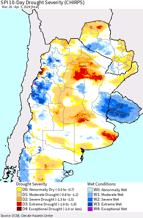 Southern South America SPI 10-Day Drought Severity (CHIRPS) Thematic Map For 3/26/2024 - 4/5/2024
