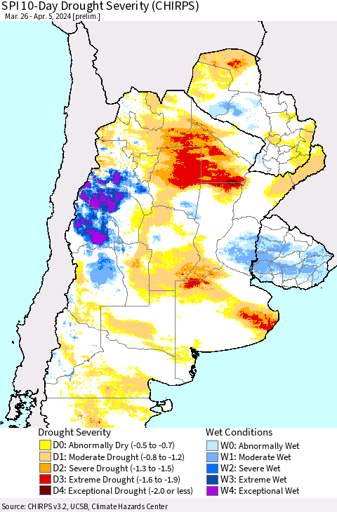 Southern South America SPI 10-Day Drought Severity (CHIRPS) Thematic Map For 3/26/2024 - 4/5/2024