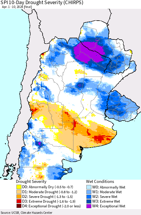 Southern South America SPI 10-Day Drought Severity (CHIRPS) Thematic Map For 4/1/2024 - 4/10/2024