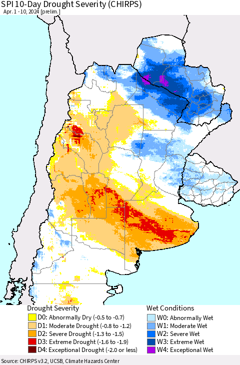 Southern South America SPI 10-Day Drought Severity (CHIRPS) Thematic Map For 4/1/2024 - 4/10/2024