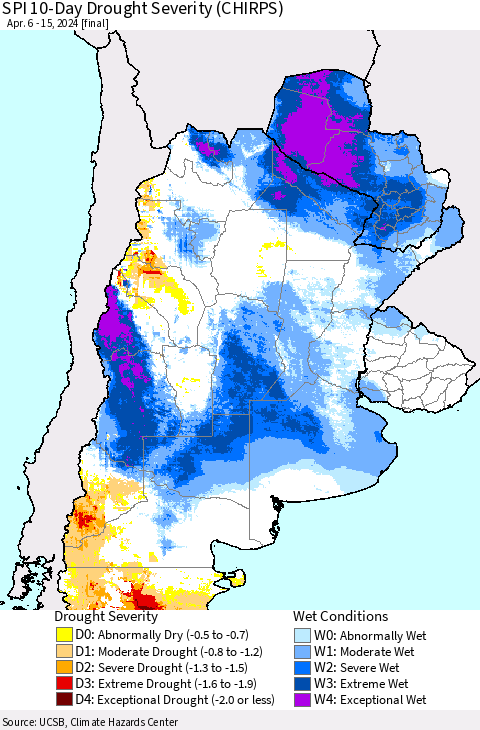 Southern South America SPI 10-Day Drought Severity (CHIRPS) Thematic Map For 4/6/2024 - 4/15/2024
