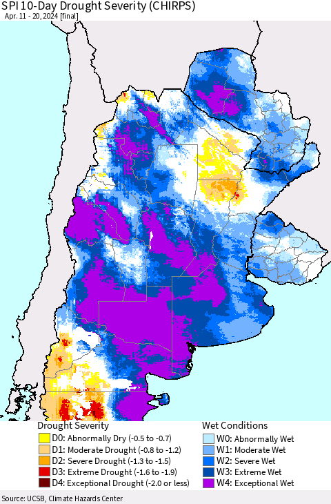 Southern South America SPI 10-Day Drought Severity (CHIRPS) Thematic Map For 4/11/2024 - 4/20/2024