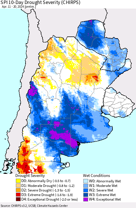Southern South America SPI 10-Day Drought Severity (CHIRPS) Thematic Map For 4/11/2024 - 4/20/2024
