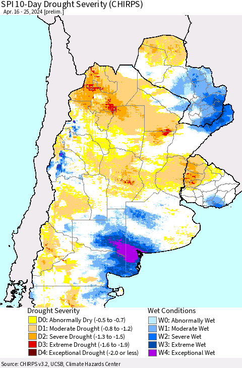 Southern South America SPI 10-Day Drought Severity (CHIRPS) Thematic Map For 4/16/2024 - 4/25/2024