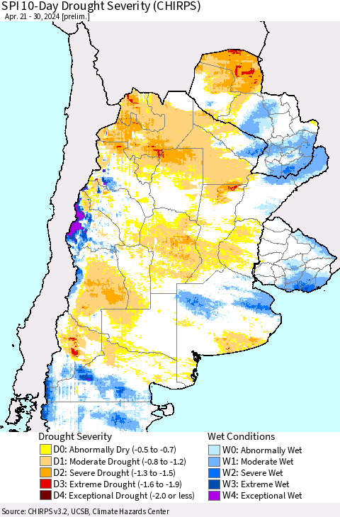 Southern South America SPI 10-Day Drought Severity (CHIRPS) Thematic Map For 4/21/2024 - 4/30/2024