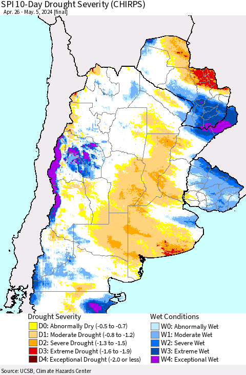 Southern South America SPI 10-Day Drought Severity (CHIRPS) Thematic Map For 4/26/2024 - 5/5/2024