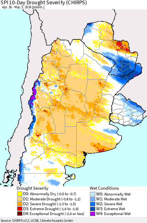 Southern South America SPI 10-Day Drought Severity (CHIRPS) Thematic Map For 4/26/2024 - 5/5/2024
