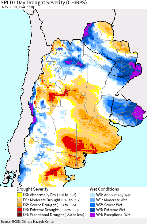 Southern South America SPI 10-Day Drought Severity (CHIRPS) Thematic Map For 5/1/2024 - 5/10/2024
