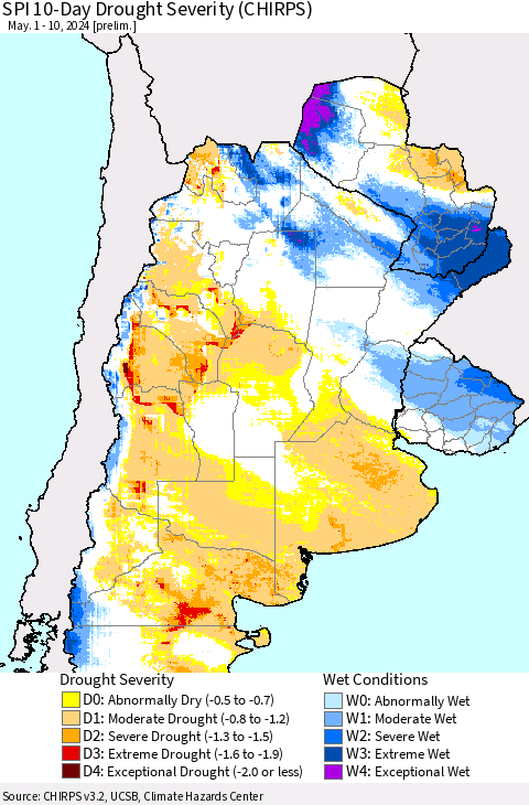 Southern South America SPI 10-Day Drought Severity (CHIRPS) Thematic Map For 5/1/2024 - 5/10/2024