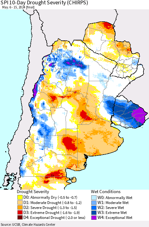 Southern South America SPI 10-Day Drought Severity (CHIRPS) Thematic Map For 5/6/2024 - 5/15/2024