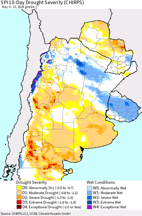 Southern South America SPI 10-Day Drought Severity (CHIRPS) Thematic Map For 5/6/2024 - 5/15/2024