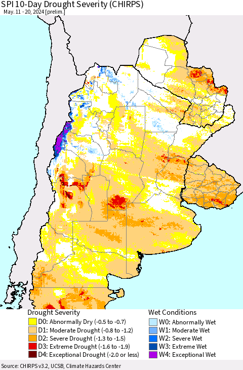 Southern South America SPI 10-Day Drought Severity (CHIRPS) Thematic Map For 5/11/2024 - 5/20/2024