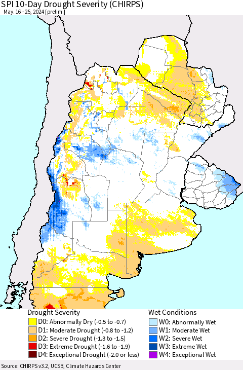 Southern South America SPI 10-Day Drought Severity (CHIRPS) Thematic Map For 5/16/2024 - 5/25/2024