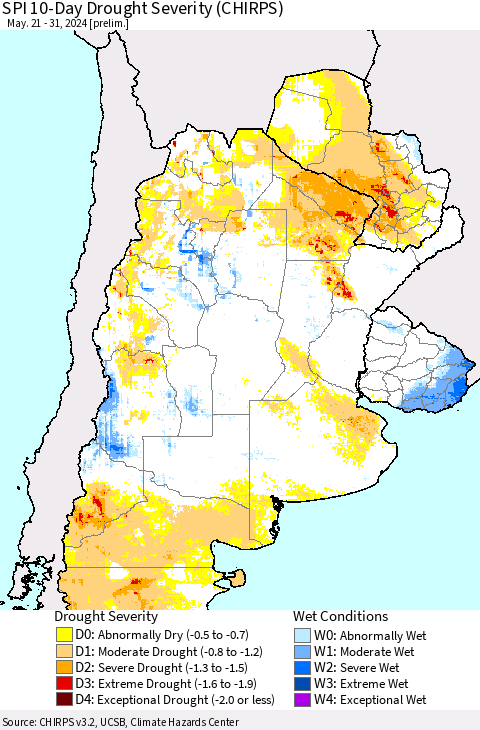 Southern South America SPI 10-Day Drought Severity (CHIRPS) Thematic Map For 5/21/2024 - 5/31/2024