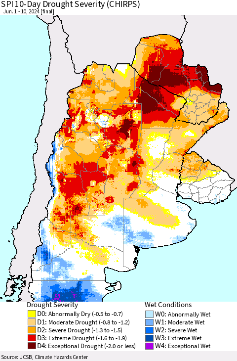 Southern South America SPI 10-Day Drought Severity (CHIRPS) Thematic Map For 6/1/2024 - 6/10/2024