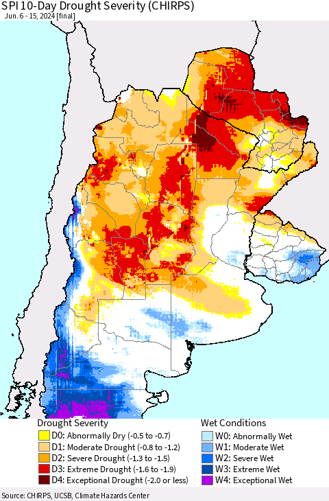 Southern South America SPI 10-Day Drought Severity (CHIRPS) Thematic Map For 6/6/2024 - 6/15/2024