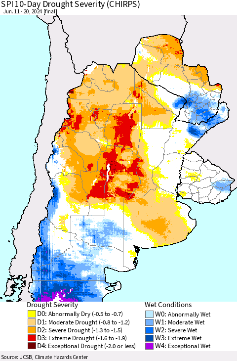 Southern South America SPI 10-Day Drought Severity (CHIRPS) Thematic Map For 6/11/2024 - 6/20/2024
