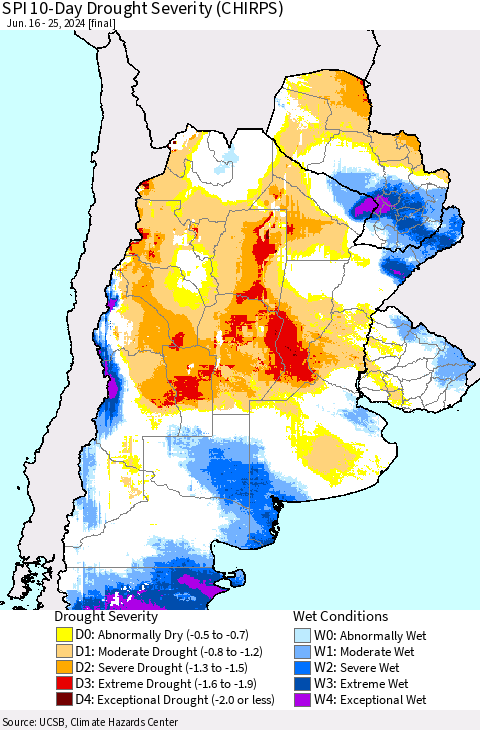 Southern South America SPI 10-Day Drought Severity (CHIRPS) Thematic Map For 6/16/2024 - 6/25/2024