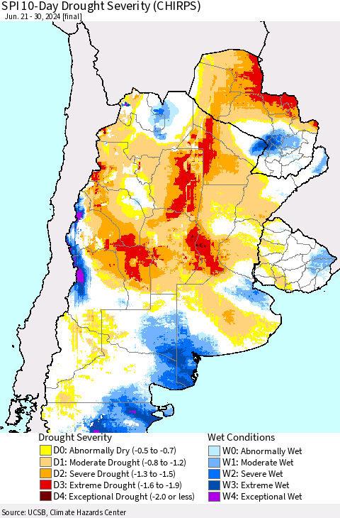 Southern South America SPI 10-Day Drought Severity (CHIRPS) Thematic Map For 6/21/2024 - 6/30/2024