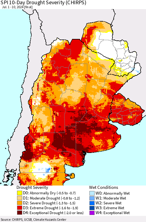 Southern South America SPI 10-Day Drought Severity (CHIRPS) Thematic Map For 7/1/2024 - 7/10/2024