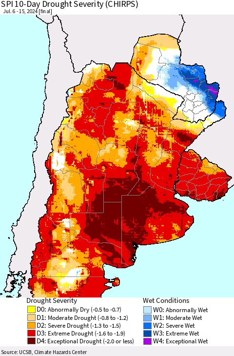 Southern South America SPI 10-Day Drought Severity (CHIRPS) Thematic Map For 7/6/2024 - 7/15/2024