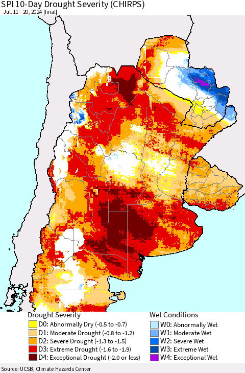 Southern South America SPI 10-Day Drought Severity (CHIRPS) Thematic Map For 7/11/2024 - 7/20/2024