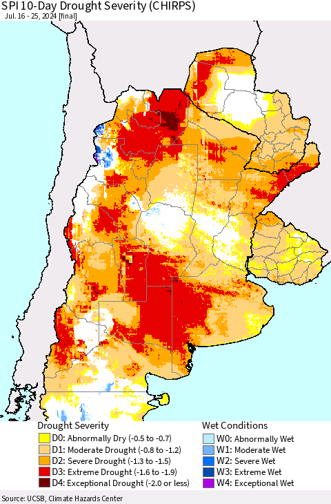 Southern South America SPI 10-Day Drought Severity (CHIRPS) Thematic Map For 7/16/2024 - 7/25/2024