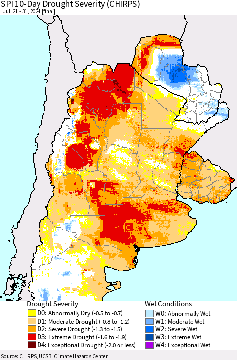 Southern South America SPI 10-Day Drought Severity (CHIRPS) Thematic Map For 7/21/2024 - 7/31/2024