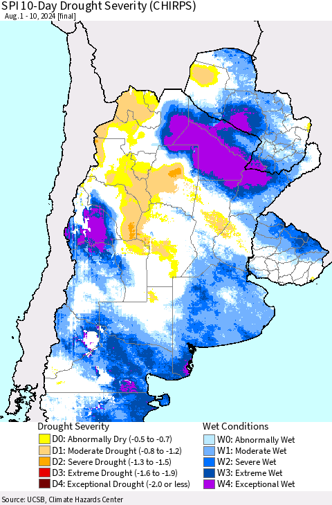 Southern South America SPI 10-Day Drought Severity (CHIRPS) Thematic Map For 8/1/2024 - 8/10/2024