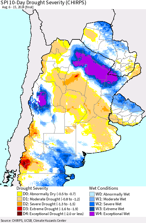 Southern South America SPI 10-Day Drought Severity (CHIRPS) Thematic Map For 8/6/2024 - 8/15/2024