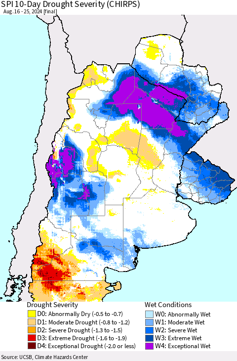 Southern South America SPI 10-Day Drought Severity (CHIRPS) Thematic Map For 8/16/2024 - 8/25/2024