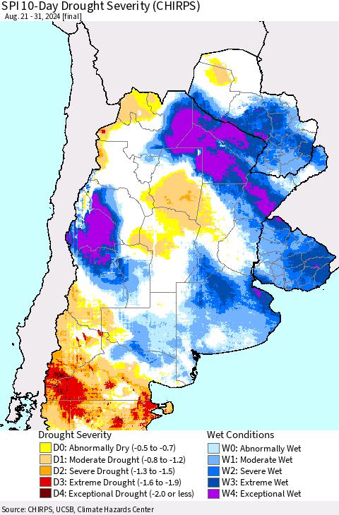 Southern South America SPI 10-Day Drought Severity (CHIRPS) Thematic Map For 8/21/2024 - 8/31/2024