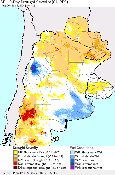 Southern South America SPI 10-Day Drought Severity (CHIRPS) Thematic Map For 8/26/2024 - 9/5/2024