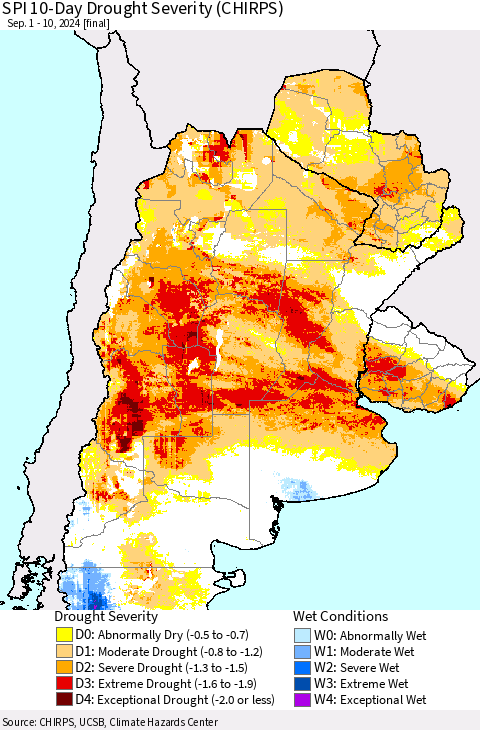 Southern South America SPI 10-Day Drought Severity (CHIRPS) Thematic Map For 9/1/2024 - 9/10/2024